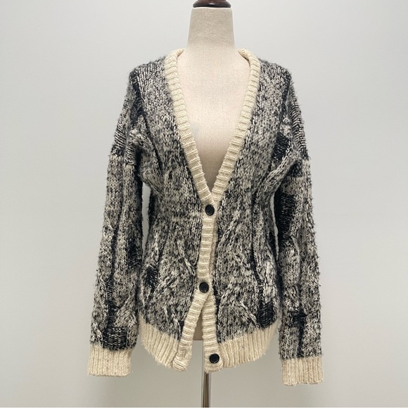 IRO Merino Wool Alpaca Button Front Long Sleeve Black Cream Cardigan Size 4 - Picture 2 of 11